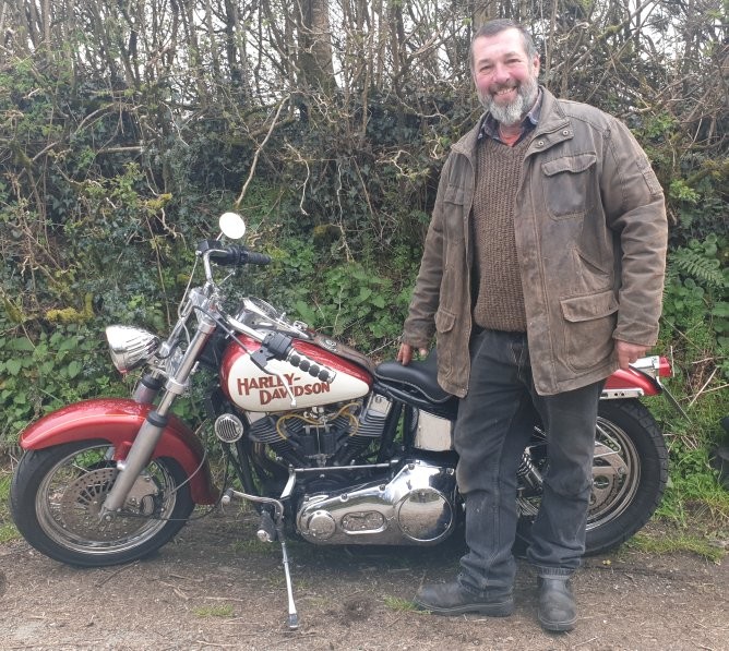 Philip taking delivery of his Harley Shovelhead